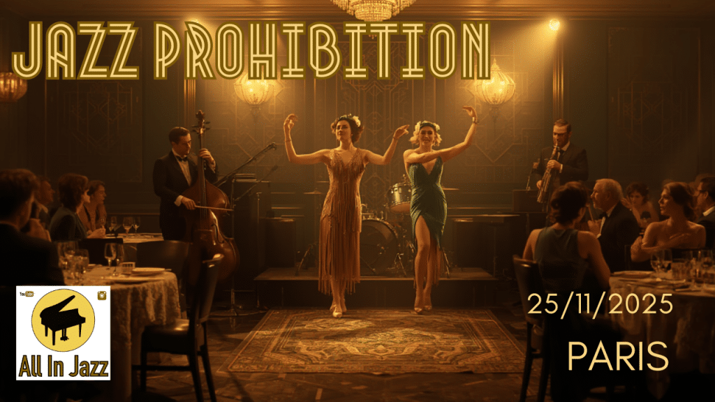 Groupe de jazz en live avec chanteuse et danseuses Charleston dans une ambiance années 20, lors d’une soirée Jazz Prohibition à l’Appart’City Paris Gare de Lyon.
