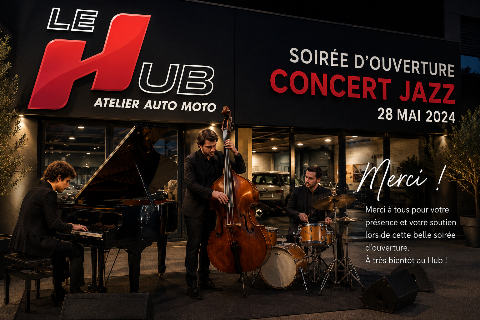 Groupe de jazz Paris 16 en trio acoustique lors de l'inauguration du Hub Atelier
